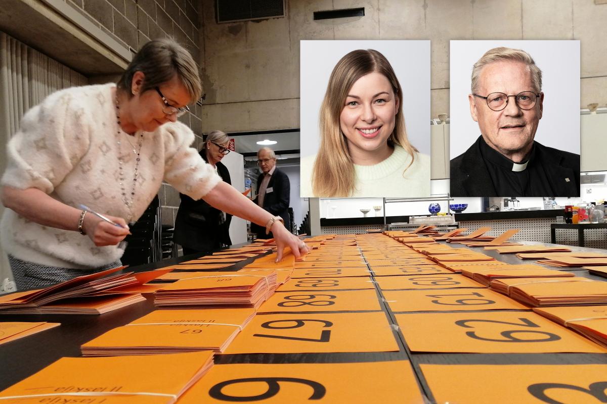 Tapiolan kirkossa ääniä laskivat hallintoassistentti Päivi Kotro (edessä)  vaalilautakunnan pj. Kristiina Mustakallio ja vaalilautakunnan jäsen Olli-Pekka Lassila. Espoon seurakuntavaalien ääniharavia olivat Seppo Särkiniemi ja Veera Vuornos.